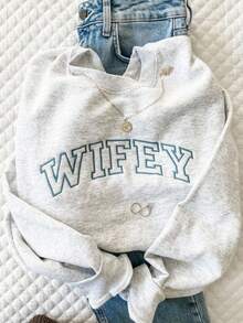 INAWLY 大码秋季复古撞色标语刺绣卫衣，送给妻子的礼物，圆领撞色刺绣图案卫衣