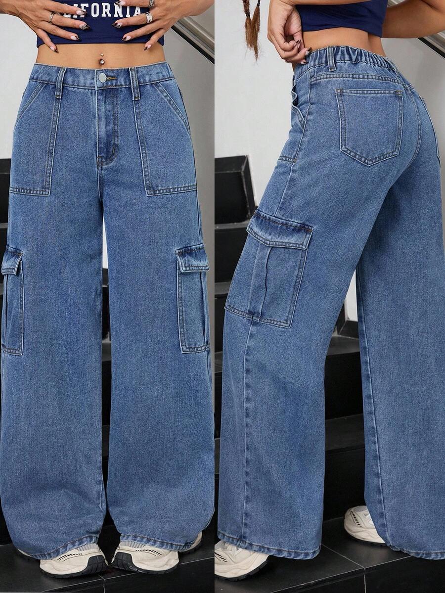 SHEIN 千禧朋克街头风休闲水洗低腰宽松牛仔裤，翻盖口袋褶裥阔腿工装裤，适合万圣节、圣诞节、秋冬季返校季、秋季、商务休闲女装、千禧2000年代风格、商务休闲女装、返校季 - 中等水洗藍 - 查看 1