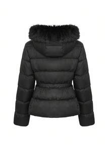 DAZY 女式纯色连帽毛领收腰保暖内衬厚棉服秋冬夹克 - 黑色 - 查看 9