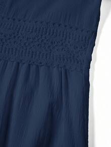 Gownix Women's Woven Jacquard Texture Spring Style Deep V-Neck Solid Color Ruffle Hem Lace Trim Summer Dress - Navy Blue - View 8