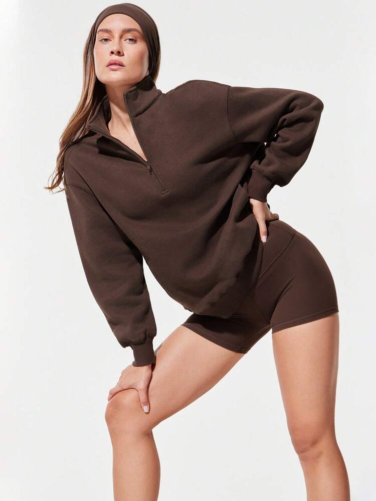 Everyday Fleece Loose Hip Length Half-Zip Long Sleeve Sweatshirt With Side Pockets Daily Casual Fall Winter