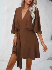 EMERY ROSE Robe enveloppante à manches chauve-souris, nœud sur le côté, tenue de vacances et de plage pour femmes - Marron - Voir 4