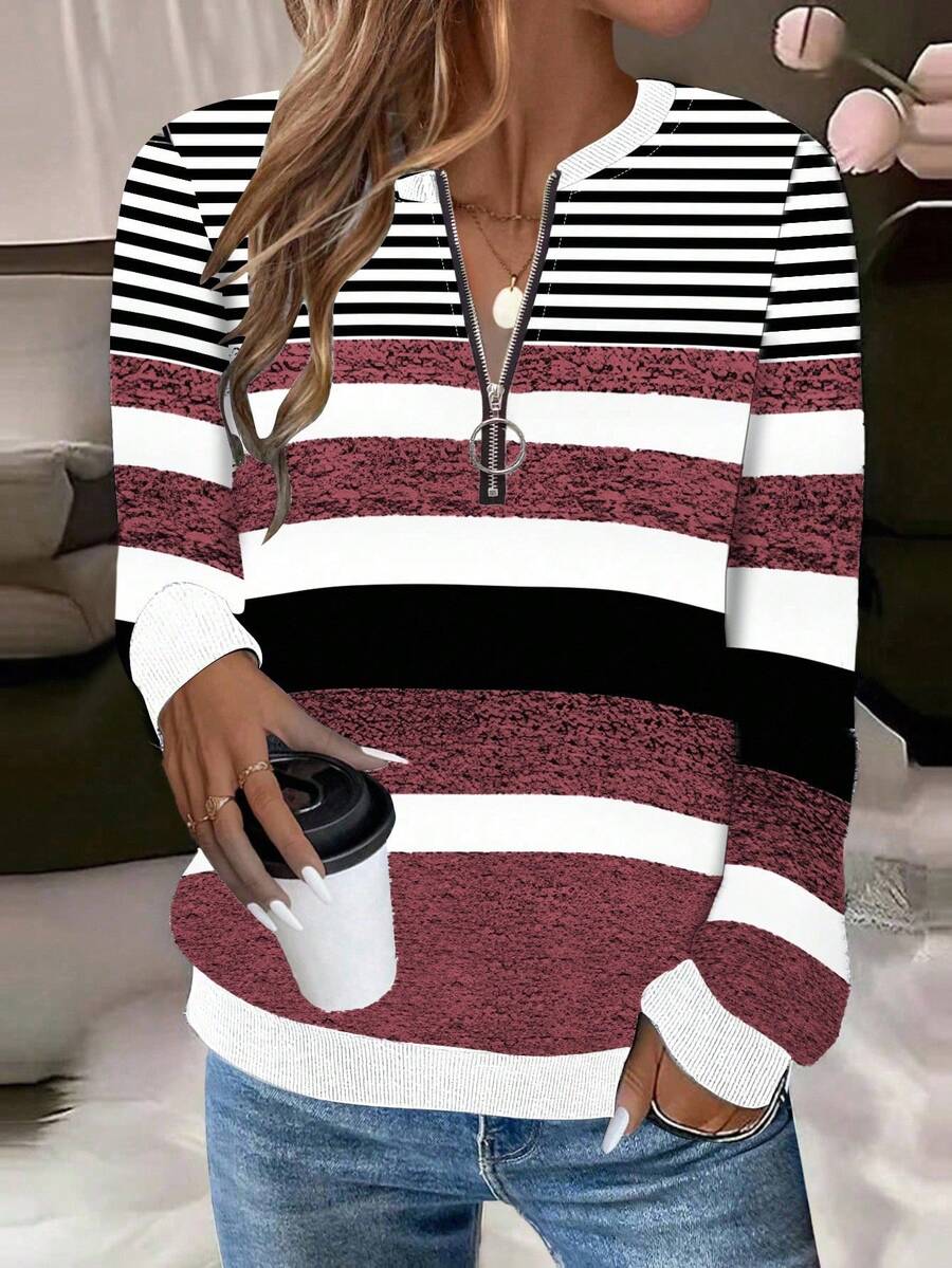 EMERY ROSE Women's Autumn/Winter Fashion Raglan Sleeve Crew Neck Half-Zip Contrast Rib Trim Sweatshirt