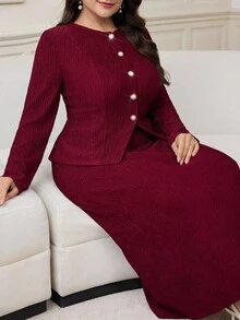 Modelyn 大码女式优雅圆领长袖单排扣上衣和修身中长裙两件套，秋季 - 紅色 - 查看 7