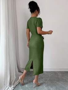 Elenzga Women's Elegant Commuter Solid Color 3D Floral Decor Mid-Length Dress - Army Green - View 2