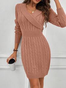 EMERY ROSE Elegant Women's Autumn Cable Pattern Long Sleeve Fitted Knit Dress - Coral Orange - View 3