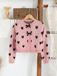Sparklyn Áo len dài tay dệt kim nơ họa tiết trái tim dành cho bé gái - Màu Hồng baby - Xem 3