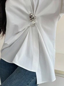 DAZY Blouse vintage décontractée à manches longues, col oblique avec boutons métalliques, coupe ample, pour femmes, automne/hiver - Blanc - Voir 6