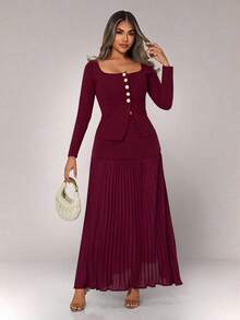Xyvia 2pcs Women Set: Solid Color Button Front Top And Pleated Skirt Fall Cloth For Women - Burgundy - View 8
