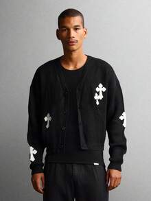 SUMWON 短款针织纽扣前长袖开衫经典麻花针织休闲秋冬舒适毛衣 - 黑色 - 查看 8