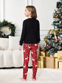 SHEIN Áo thun dài tay cổ tròn in chữ dễ thương cho bé gái tuổi mới lớn và quần legging họa tiết hươu kẻ caro thoải mái mặc ở nhà, phù hợp cho mùa thu/đông, đồ ngủ Giáng sinh, đồ ngủ kẻ caro đỏ - Đỏ - Xem 2