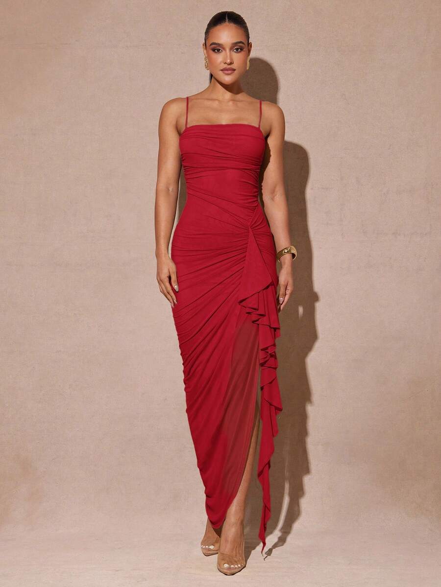Silquee Red Elegant Summer Party Dress For Women, Ruffle Sleeve High — free download