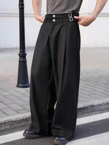 Claim Dot 男士黑色双腰带设计休闲直筒裤男士正装裤男士百褶裤男士阔腿裤男士高腰裤宽松裤，适合秋季，复古风 - 黑色 - 查看 1