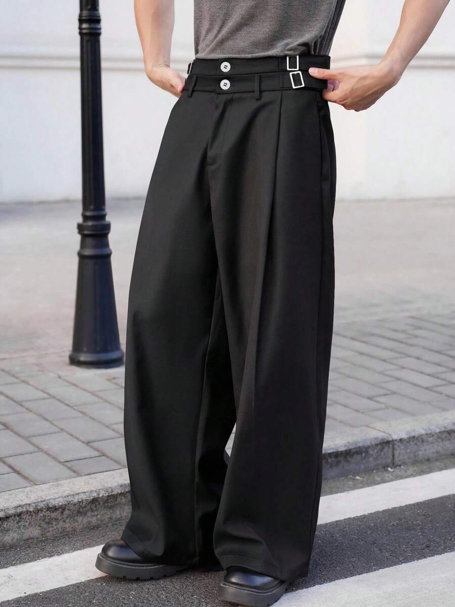 Claim Dot 男士黑色双腰带设计休闲直筒裤男士正装裤男士百褶裤男士阔腿裤男士高腰裤宽松裤，适合秋季，复古风 - 黑色 - 查看 1