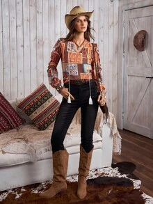 LanaWest Women's Autumn/Winter New Retro Western Paisley Asymmetrical Print Notched Neck Frill Trim Long Sleeve Tie-Up Tassel Loose Bohemian Style Casual Versatile Blouse Fall Cloth For Women - Brown - View 5
