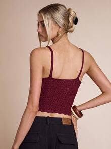 SHEIN BAE Women's Faux Pearl Strap Hollow Design Cropped Knit Top - Burgundy - View 2