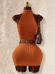 Amplova 女士时尚性感侧开衩露背迷你度假连衣裙 - 橘色 - 查看 7