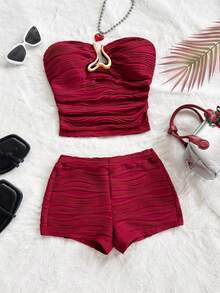 Soleia 2pcs Women's Vacation Knit Textured Fabric Bandeau Top With Metal Decor Elastic Waist Loose Hem Shorts Set, Suitable For Party, Christmas, Date, Nightclub, Beach, Cruise, Afternoon Tea, Bohemian, Boho, Vacation, Fall