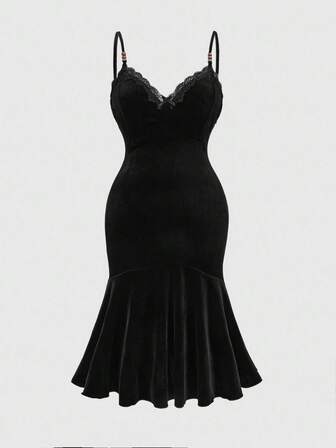 Grunge Punk Vestido de cóctel de terciopelo negro sólido vintage Y2K con cuentas de madera, encaje y volantes, vestido ajustado de talla grande para mujer, adecuado para superposición