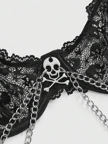 ROMWE Gothic Skeleton Lace Trim Underwire Bra & Metal Chain Trim Thong Lingerie Set, Sexy Halloween