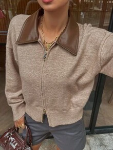 DAZY 女式休闲PU拼布拉链开衫，秋季 - 卡其色 - 查看 5