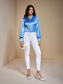 JIAN LASALA Stehkragen Laterne Langarm Figurbetontes Satin Knopfleiste Bluse Damen Frühling Herbst Elegant Winter Hochzeitsgast Luxuriöse Stilvolle Bekleidungskollektion - Blau - Übersicht 6