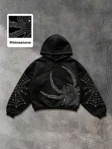 ROMWE MEN Street Life Men's Fashionable Casual Sparkling Diamond Spider Hoodie, Fall