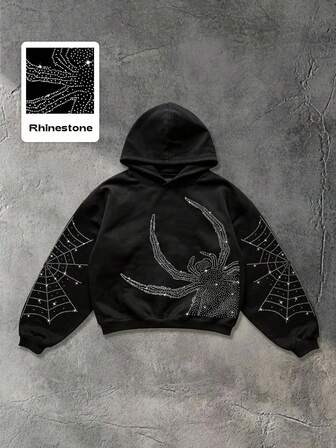 Street Life Men's Fashionable Casual Sparkling Diamond Spider Hoodie, Fall