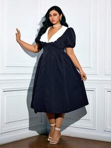 Viva Relle Plus Size Women's Elegant Party Plain Casual Simple Decoration Button Midi Dress - Multicolor - View 4