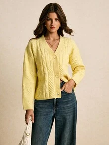 Poéselle 女式休闲麻花落肩长袖针织开衫，秋冬 - 黃色 - 查看 3