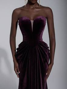 Elitara Thanh lịch, Sang trọng, Thời trang, Gợi cảm, Màu đỏ tía, Vải nhung, Cúp ngực, Viền váy đuôi cá, Xòe, Thích hợp cho kỳ nghỉ, Sự kiện đám cưới, Tiệc độc thân, Váy dạ hội trang trọng, Váy dạ hội trang trọng - Màu tím đậm - Xem 8