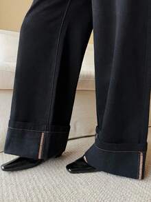 K-Vae Women's Autumn And Winter Black Fleece Warm Jeans, Ribbon Decorative Pockets, College Style, Korean Style,Halloween Costumes,Chic Autumn - Black - View 5