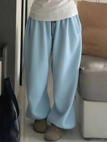 INAWLY 女式蓝色口袋黑色松紧腰宽松抽绳运动裤 - 霧霾藍 - 查看 5