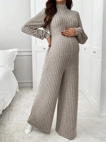 SHEIN 纯色休闲长袖口袋孕妇连体裤 - 杏色 - 查看 3