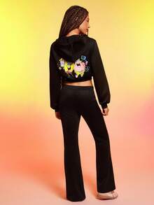 SpongeBob SquarePants | SHEIN 女士休闲日常通勤趣味可爱卡通印花拉链抽绳连帽短款运动衫和喇叭裤两件套，春秋 - 黑色 - 查看 2