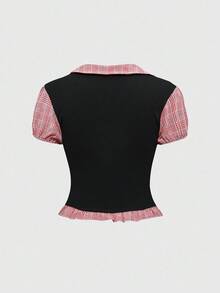 ROMWE Academia Collegiate Style 2 In 1 Black & Gray Plaid Patchwork Short Sleeve Women Shirt - Red - View 2