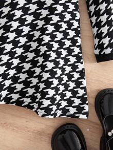 SHEIN Babygirl Elegant Houndstooth Pattern Long Sleeve Dress Fall Winter - Black and White - View 3