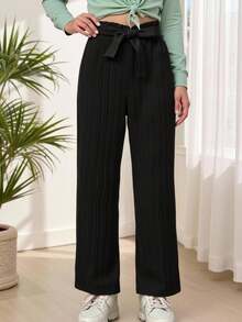 Teen Girl Solid Belted Wide Leg Pants - Black - View 3