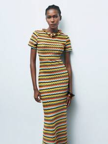 Maija 女式秋冬多色条纹修身圆领短袖长裙，别致度假浪漫休闲精致时尚几何波浪提花针织海滩波西米亚风格度假连衣裙 - 彩色 - 查看 6