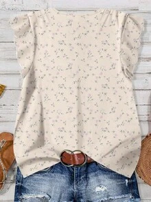 EMERY ROSE Plus Size Floral Pattern V-Neck Casual Shirt, Suitable For Fall/Winter - Apricot - View 2