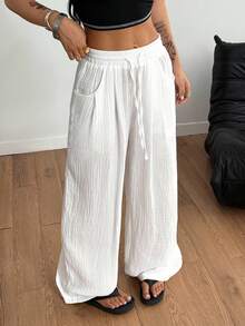 Coolane 女士夏季音乐会狂欢节外出文艺复兴博览会日常穿着纹理褶皱白色阔腿裤 - 白色 - 查看 7