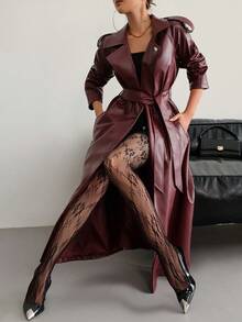 Aidyla Women's Leather Long Sleeve Cinched Waist Waist Burgundy Trench Coat - Burgundy - View 2