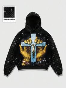ROMWE MEN Street Life Sudadera con capucha de manga larga con gráfico de cruz, estilo casual punk y callejero, unisex, para otoño/invierno - Negro - Ver 1