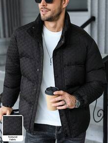 Manfinity CasualCool 男士拉链格子撞色长袖口袋冬季棉服外套，男士冬季外套，拼色加绒保暖冬季外套，格子冬季外套 - 黑色 - 查看 1