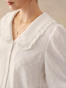 INAWLY 女式标准尺码纯色彼得潘领插肩袖纹理面料休闲衬衫 - 白色 - 查看 3