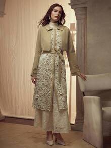 MOTF PREMIUM CONTRAST GUIPURE LACE BELTED TRENCH COAT - Green - View 5