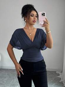 Elenzga Women's Spring/Summer Mesh Elastic Knit Lining Elegant Vacation Beach Commute Casual French Romantic Crossover Shirred Gathered Shoulder Sleeve Waist Ruched Drawstring Ruffle Hem T-Shirt Blouse