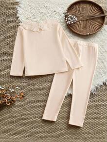 春秋新款简约休闲日常独特少女长裤长袖套装秋冬 - 卡其色 - 查看 2