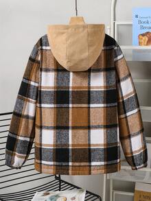 休闲时尚拼色格子灯芯绒内衬连帽夹克，适合青少年男孩，宽松版型，舒适百搭，适合秋季、春季、冬季、日常穿着、通勤、户外、运动、学校、街头服饰、派对、摄影 - 彩色 - 查看 2