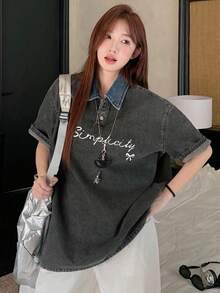 DAZY Women's Summer Colorblock Polo Collar Loose Short Sleeve Casual Collegiate Style T-Shirt With Letter Embroidery